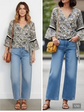 Max Studio Paisley Wrap Blouse in Cream, Black & Gold